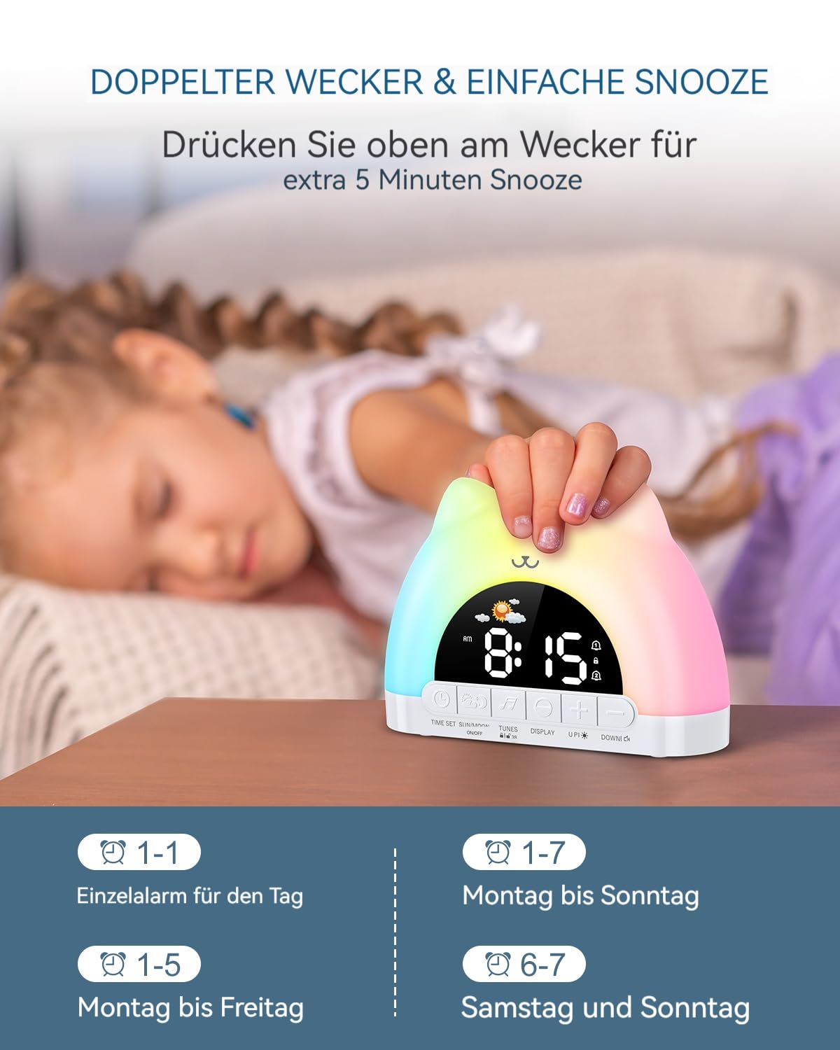 OQIMAX Digitale Wekker voor kinderen, Licht Wekker, Kinder Slaaptrainer met 11 Nachtlampjes & 10 Ontspanningsmuziek, Snooze, 2 Alarmen, Helderheid en Volume Instelbaar
