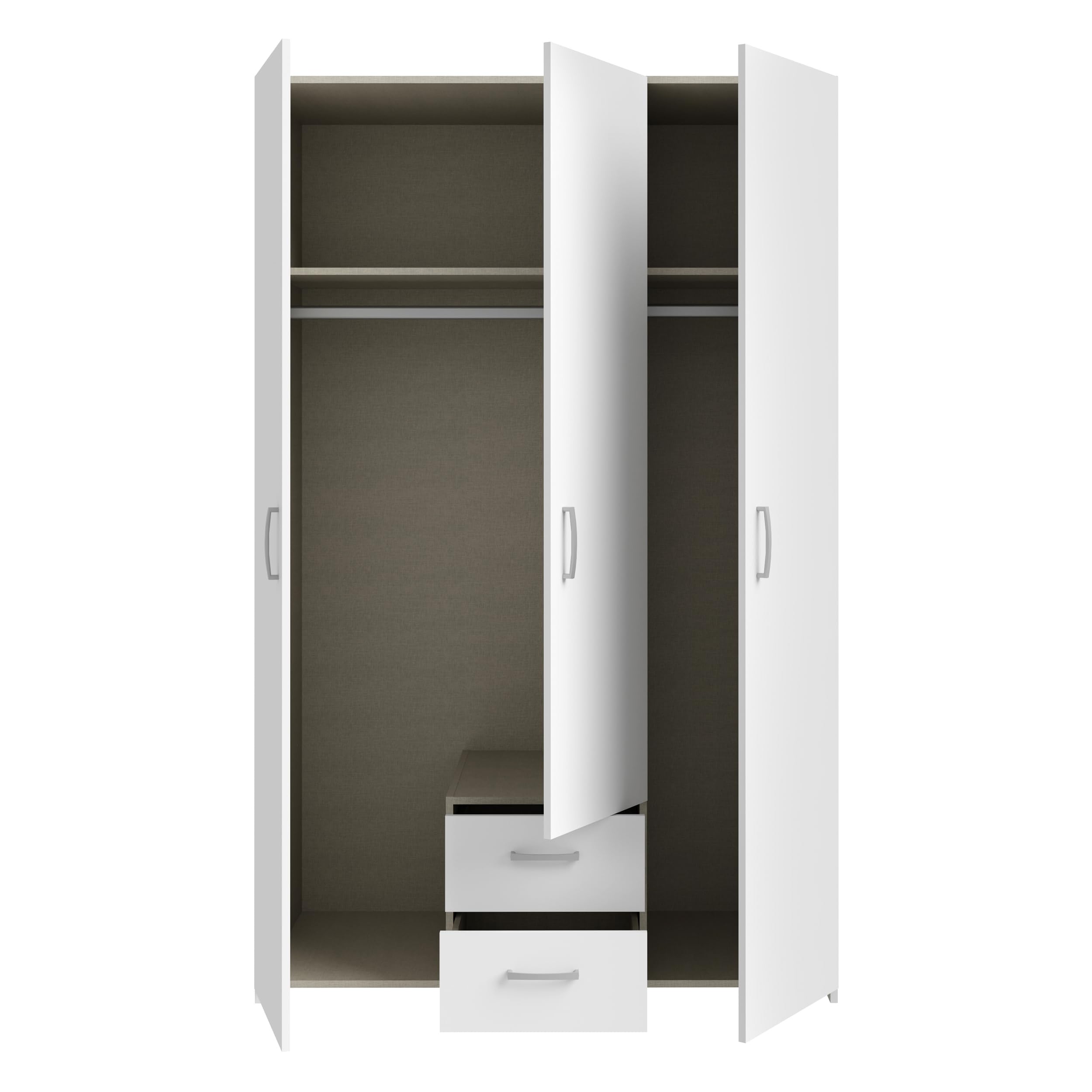 Forte ECONOBOX Kleiderschrank 120, 3-türiger Drehtürenschrank mit 2 Schubladen, Holzwerkstoff, Weiß, 119,4 cm breit, 190,5 cm hoch, 54,4 cm tief