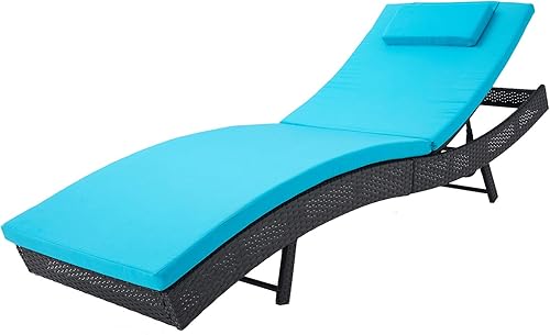 SOLAURA Tumbona de patio para exteriores ajustable, silla reclinable de mimbre negra para todo tipo de clima y sofá con cojín grueso azul y cama