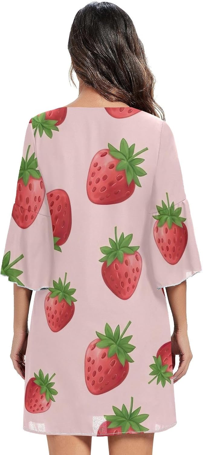 Strawberries Pink Casual Chiffon Dress Printed V Line Dress Women S-XXL