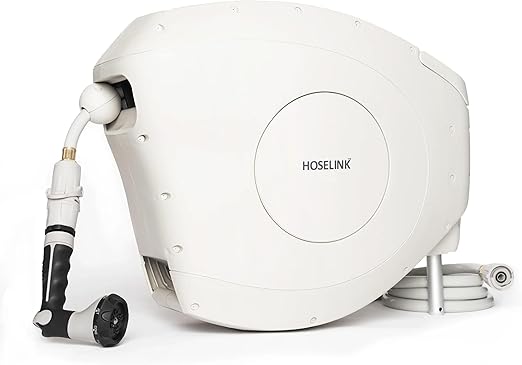 HOSELINK Classic Beige 100ft Automatic Retractable Garden Hose Reel, 1/2" UV-Stabilized Kink-Free Hose, Wall Mounted Complete Watering Solution for Backyard, Garden & Outdoor