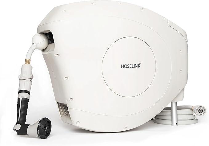 HOSELINK Classic Beige 100ft Automatic Retractable Garden Hose Reel, 1/2" UV-Stabilized Kink-Free Hose, Wall Mounted Complete Watering Solution for Backyard, Garden & Outdoor