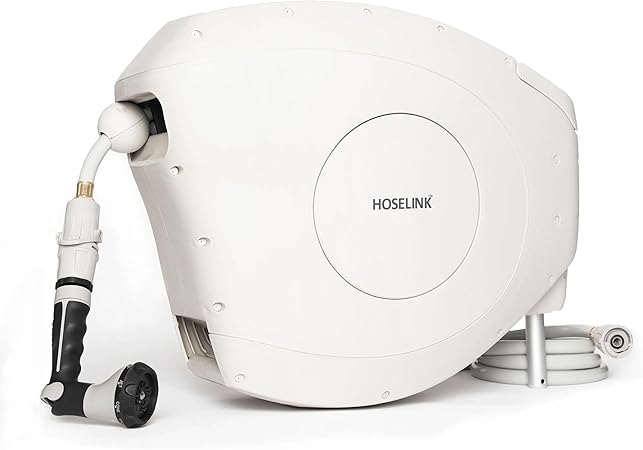 HOSELINK Classic Beige 100ft Automatic Retractable Garden Hose Reel, 1/2" UV-Stabilized Kink-Free Hose, Wall Mounted Complete Watering Solution for Backyard, Garden & Outdoor