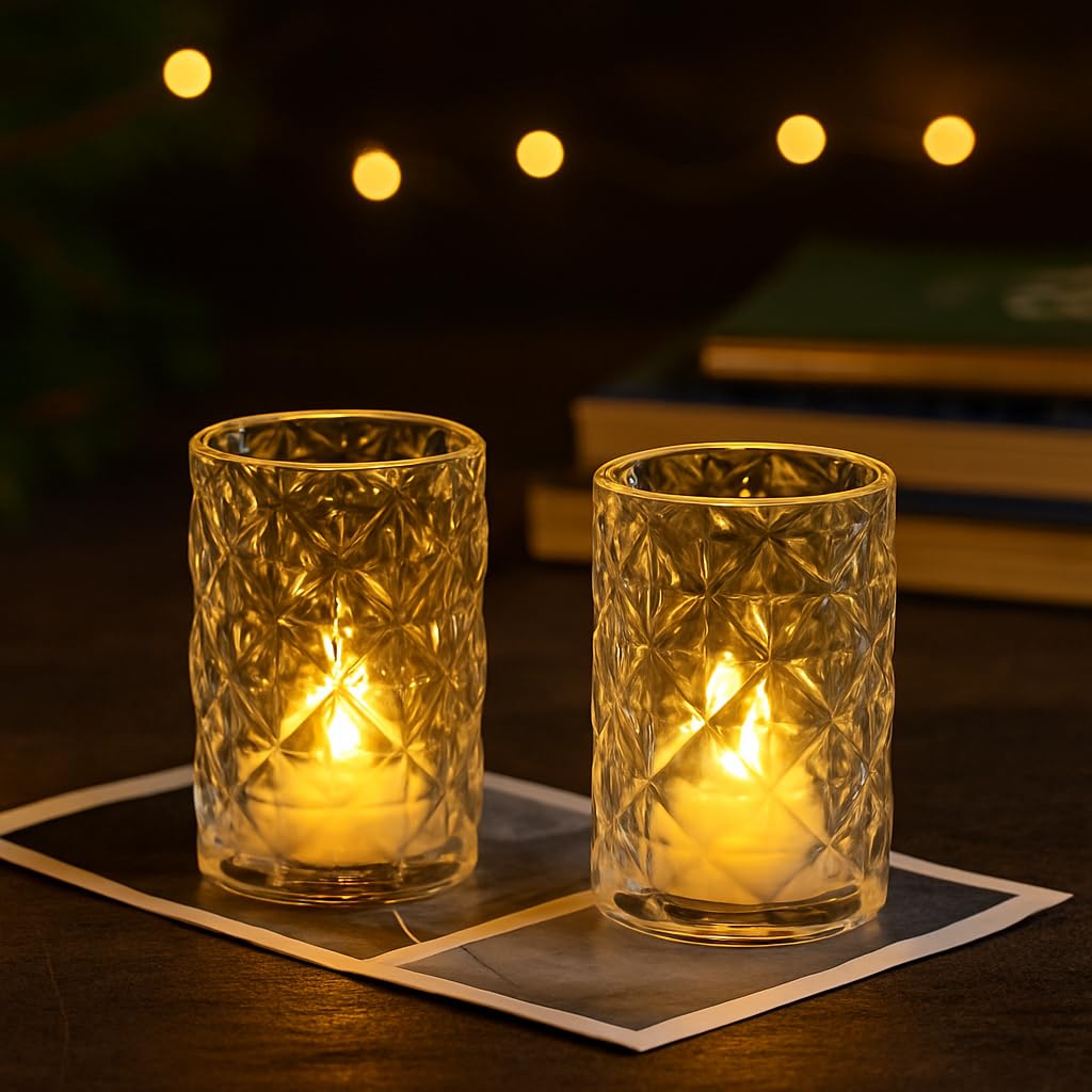Tia Crafts LED Crystal Glass Candle Holders | Flameless Warm Glow Tealight Set for Home, Diwali, Christmas & Party Decor (2, Small (2.5 inch))-image-7