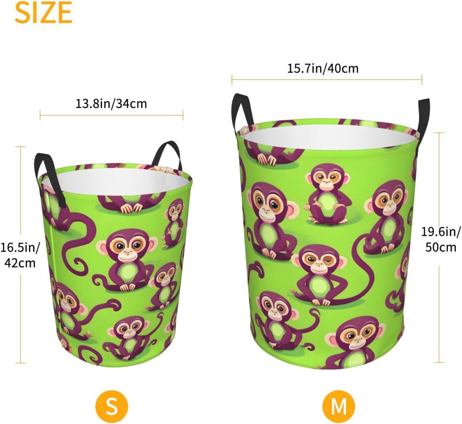Green Clever Monkey Print Circular Protable Storage Bin,Basket For Laundry Hamper With Handles Bedroom Clothes