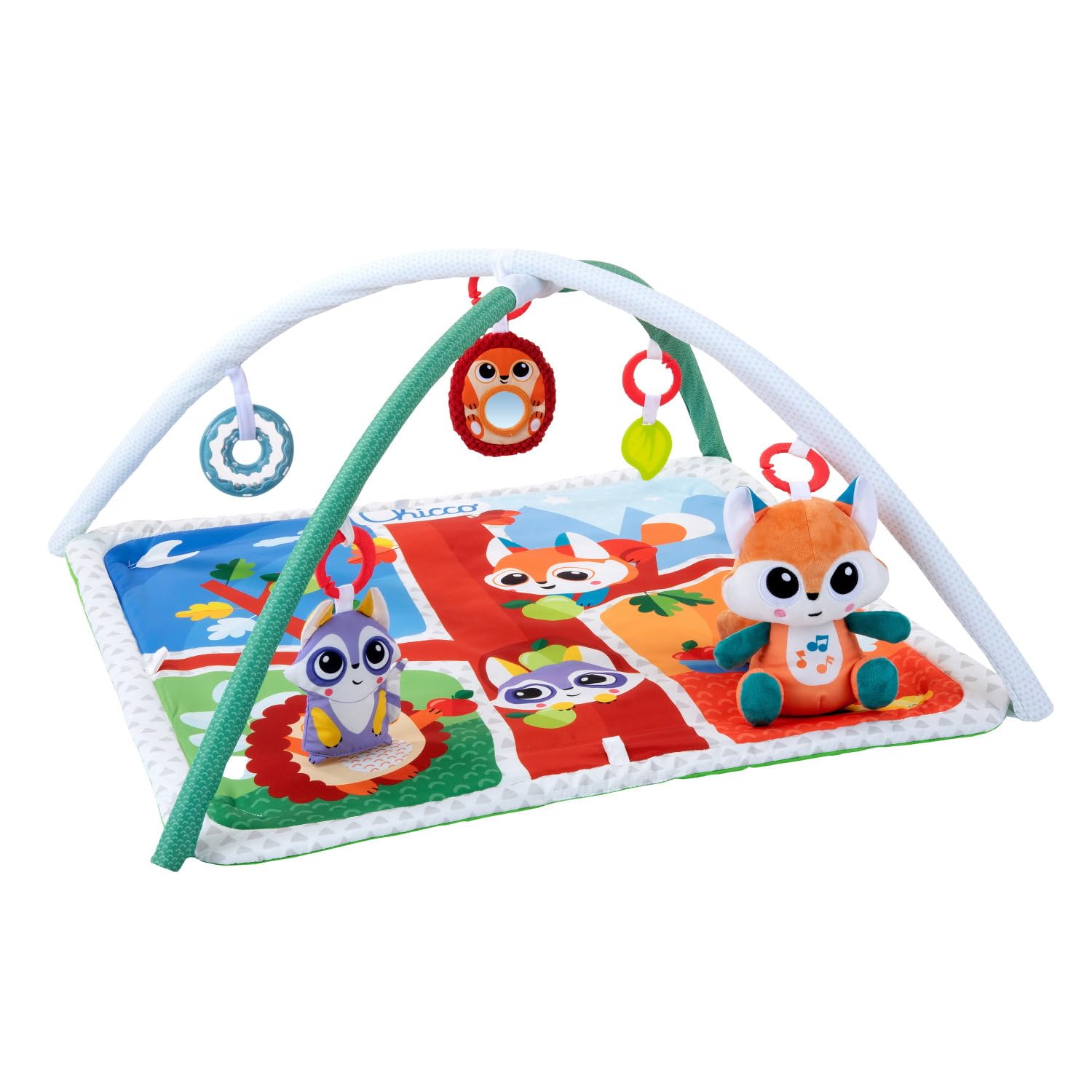 Chicco Waldzauber Baby Krabbeldecke mit Spielbogen, Multifunktionsspielbogen für Babys, 5 abnehmbaren Hängespielzeugen, Plüschfuchs, Entspannungsmusik und sanften Lichtern-Baby Spielzeug ab 0 Monate