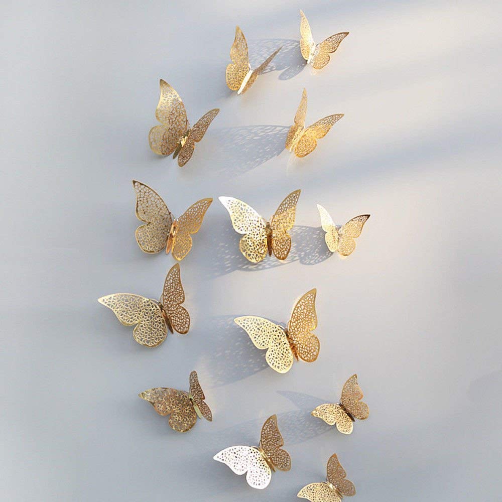 Orbica (Pack of 12) 3D Metallic Butterfly Wall Stickers, Art Decor. Removable DIY Paper Butterflies for Living Room, Bedroom, Nursery, Party Decorations, Birthday - Gold