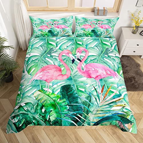 Tropical Kids Duvet Cover Set Super King Size, Pink Flamingo Bedding Set 3pcs for Boys Girls Teens Bedroom Decor, Green Palm Leaves Comforter Cover Soft Polyester Quilt Cover with 2 Pillowcases