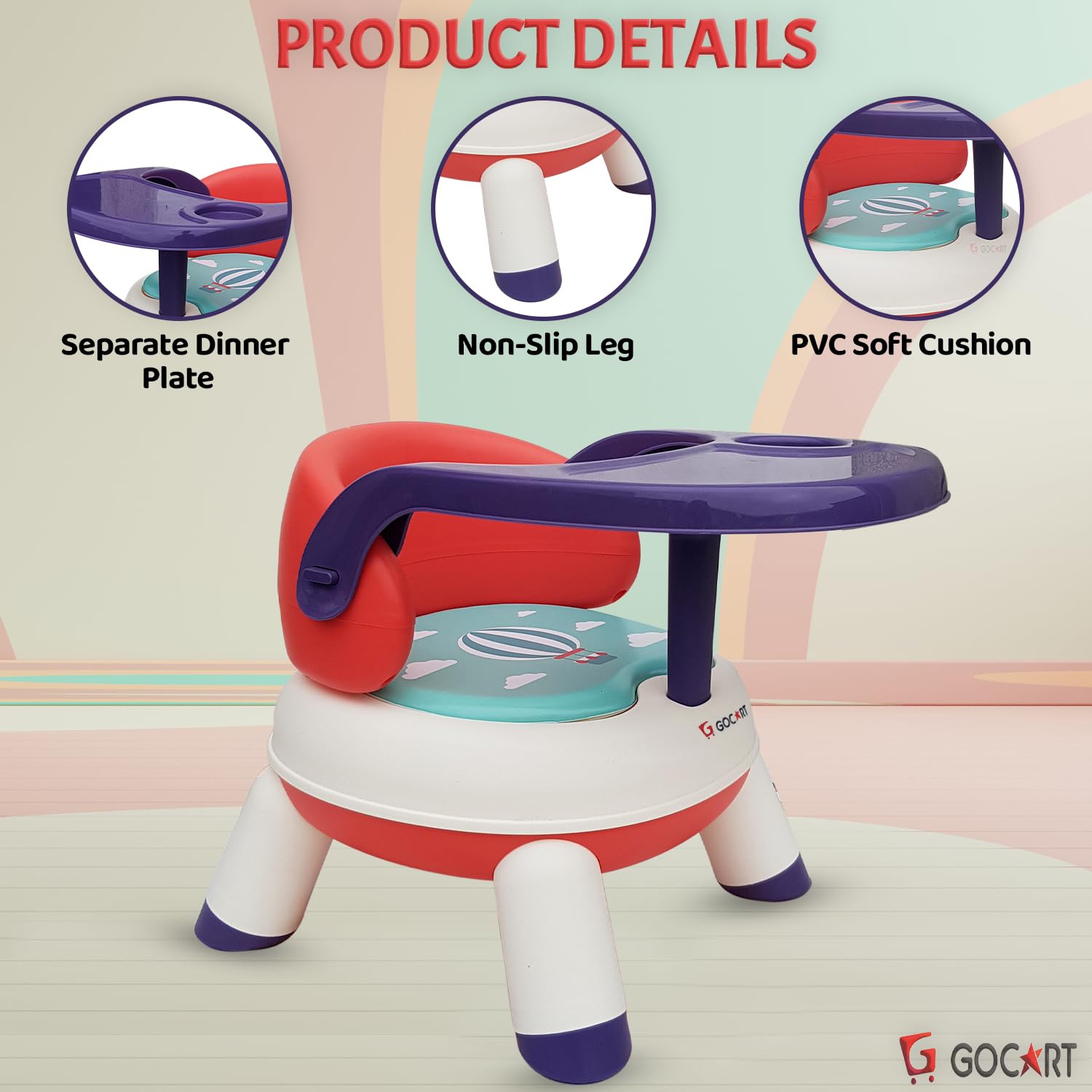 GOCART WITH G LOGO 4 Leg Baby Dining Chair With Detachable Tray And Pu Soft Cushion For 1-2 Year Kids And Toddler (Design-3) - White 4