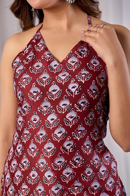 Image of 2STORY Women Halter Neck Top Backless Tunic Short Kurti Sleeveless Printed Stylish Western Ethnic Summer Casual Lightweight Fashion Wear