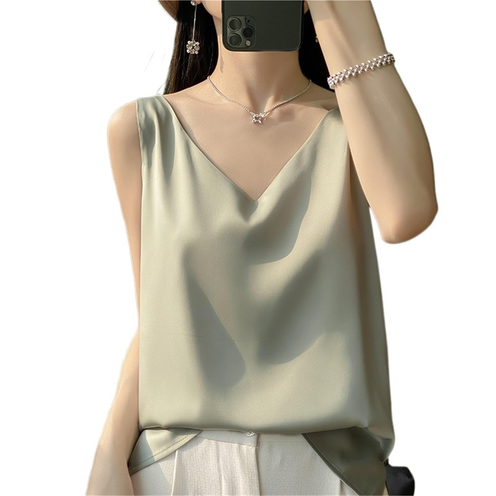 Camiseta Tirantes Mujer Camiseta sin Mangas de satén Seda for Mujer, básica, con Cuello en V, Multicolor, for, Parte Inferior Sexy Verano