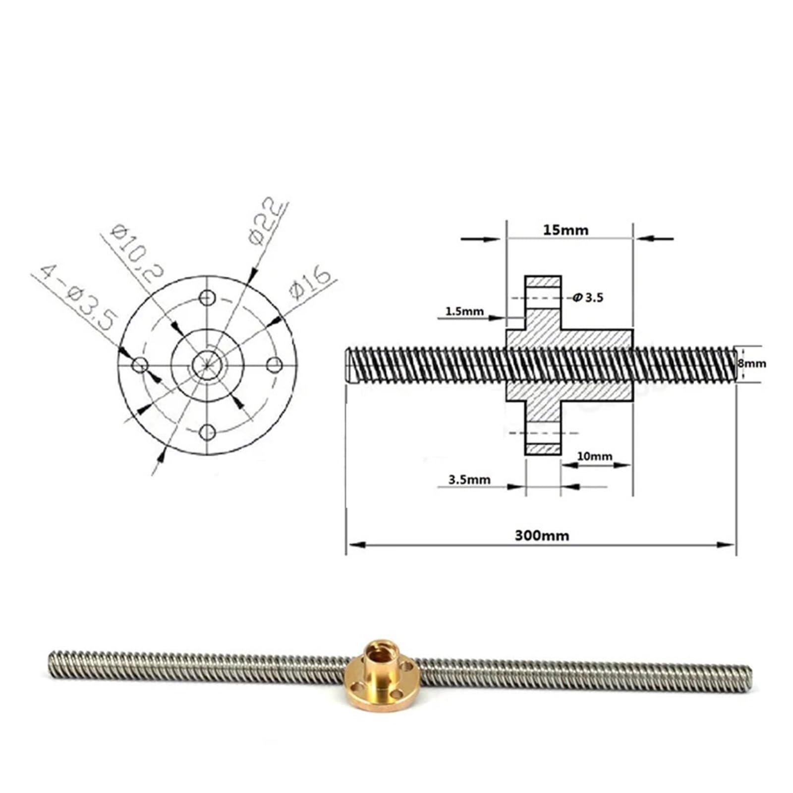 Metal Ball Screw nut Trapezoidal Screw with Nut for T8 Stepper Motors 3D Printer Accessories T8 Screw with Nut Length 100mm-600mm(100mm-Screw-Nut)