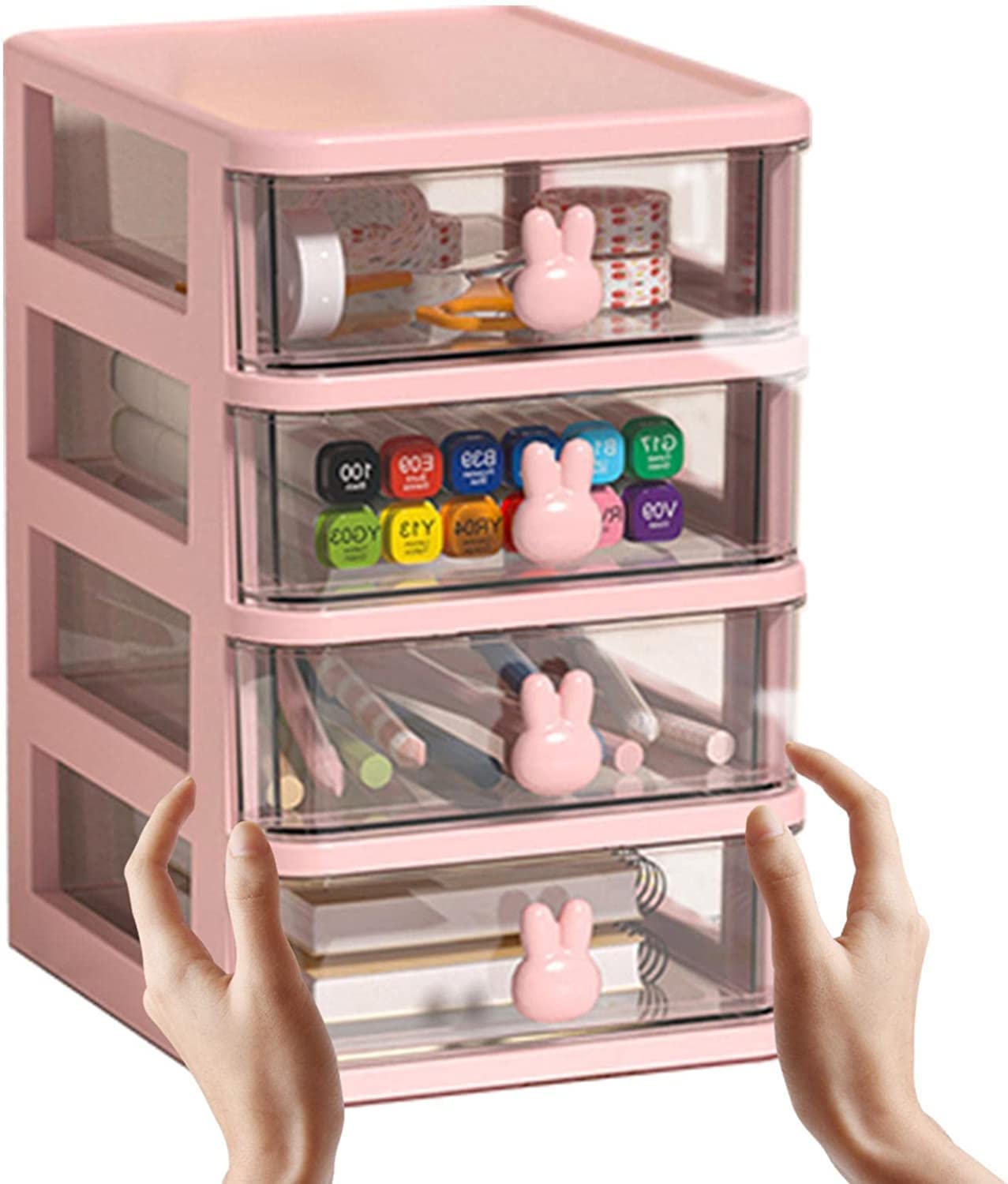 House of Quirk 4 Tier Transparent Cosmetic Jewelry Box, Office Desktop Drawer Storage Box, Plastic Multi-Layer Small Storage Box (White) 1