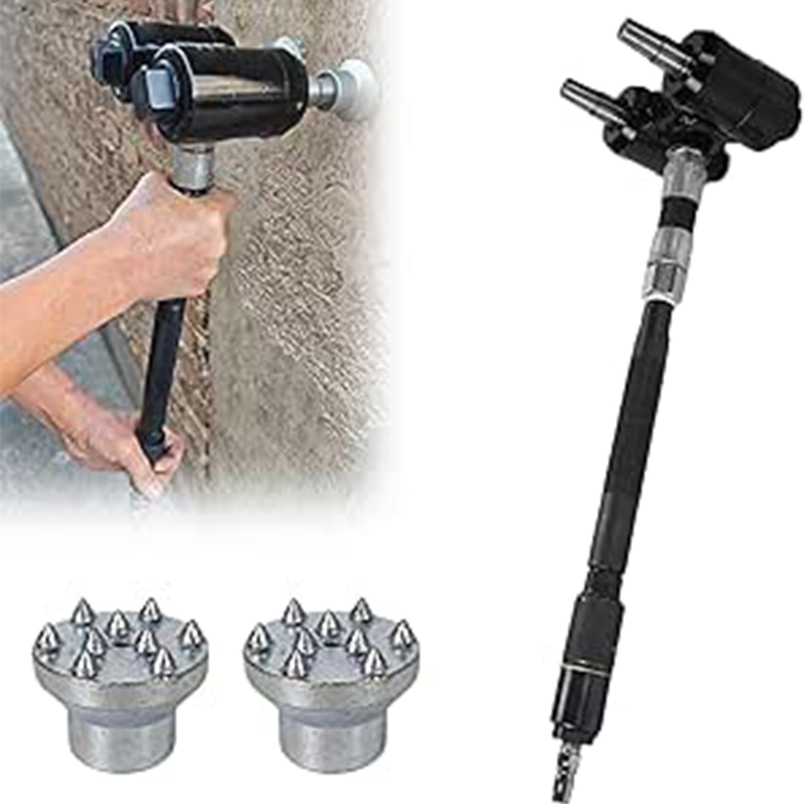 HTDRE Pneumatic Bush Hammer, Long Handle Scabbling Tool for Stone Finishing and Concrete Texturing, 2×2100 BPM, Efficient for Applications up to 6-8 m²/h