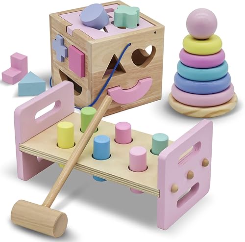 WALIKI Banco de golpear con martillo, caja clasificadora de formas de madera, apilador de arco iris, colores pastel, juego completo (3 juguetes de