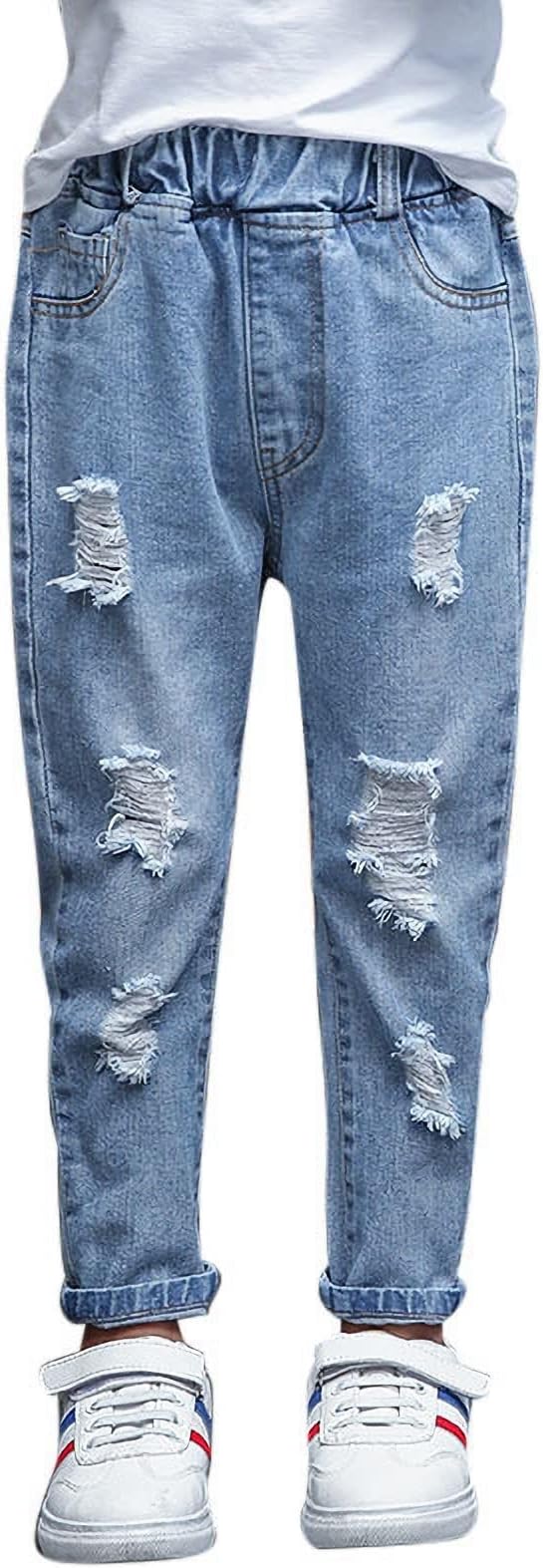 Girls Slim-fit Jeans, Ripped Holes Straight Denim Pants