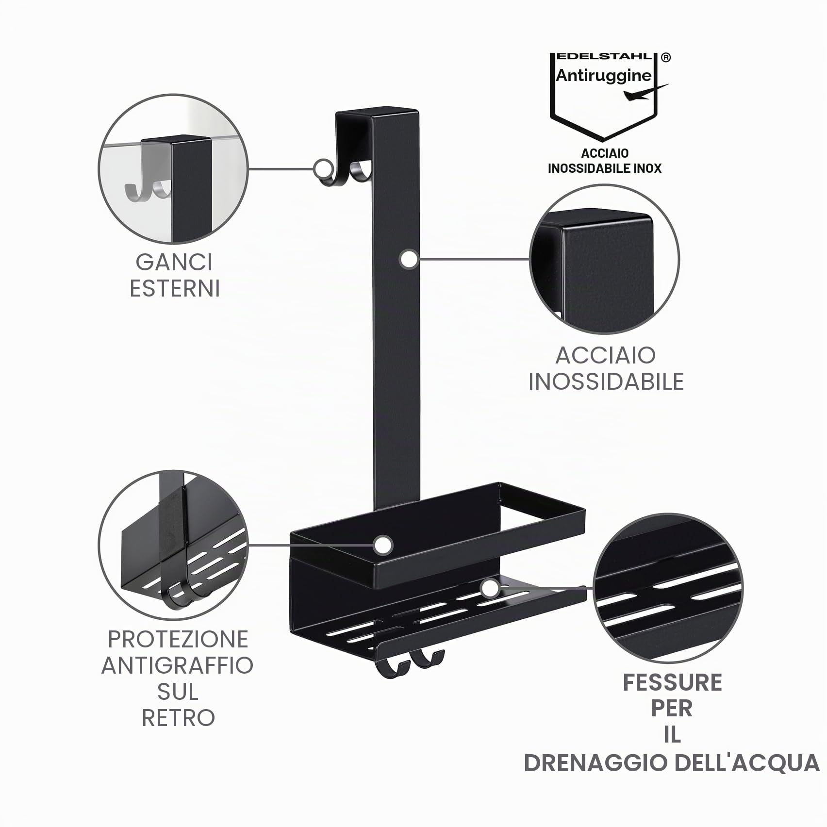 Wenko Mensola Doccia MOD. Bribano Uno portaoggetti sospeso Acciaio Inox Nero Opaco antiruggine per Box Doccia Montaggio Facile 23x44,5x18 cm