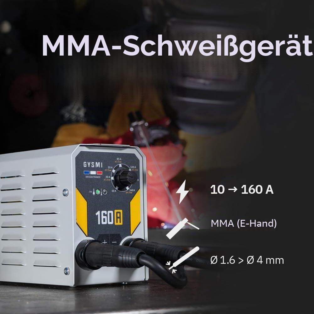 GYS, GYSMI 160 A, Schweißgerät mit überzogener Elektrode, 160 A, einphasig, 230 V (MMA), Arc Force, Antiticking, Hot Start, mit Elektrodenhalter, Massekabel