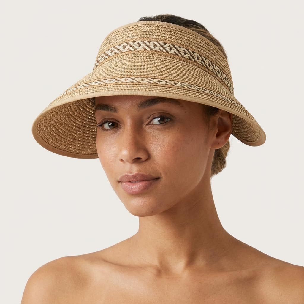Magid Packable Wide Brim Straw Sun Visor Hat, Roll-Up Design with Contrast Stitch, Toast - Perfect for Sun Protection