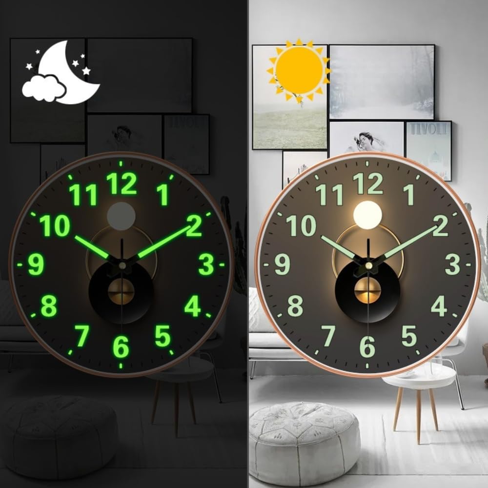 Modern 12 Inch Silent Wall Clock with Glow-in-The-Night Radium, Non-Ticking Mechanism & Big Numbers – Perfect for Living Room, Bedroom, Hall & Home Décor (RADUIM Moon)