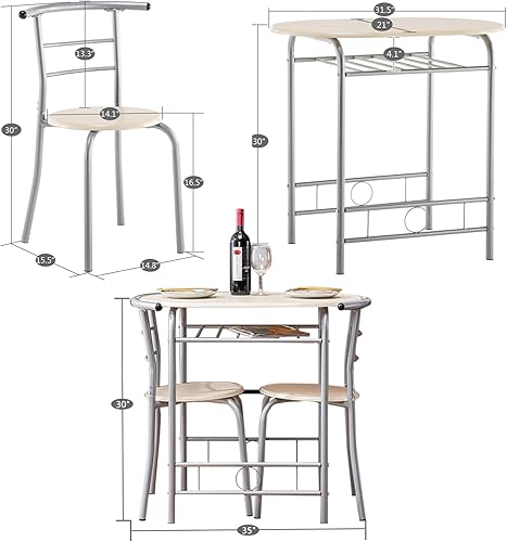 Miniatura 7 de VINGLI Juego de comedor de 3 piezas, juego de mesa de cocina pequeña para 2, juego de mesa de desayuno, mesa de madera de cocina con 2 sillas para