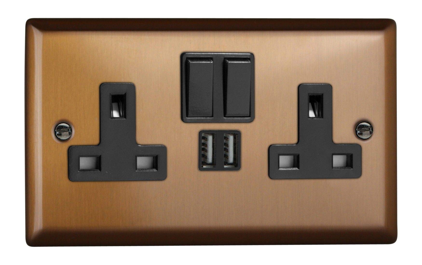Varilight 2-Gang 13A Single Pole Switched Socket + 2x5V DC 2100mA USB Charging Ports Brushed Bronze