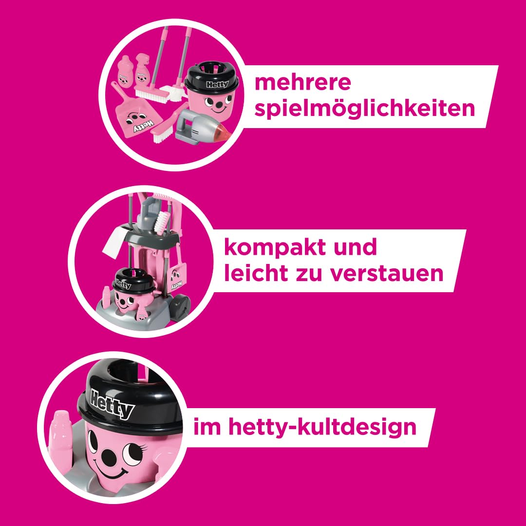 Casdon Henry & Hetty Spielzeug – Hetty Deluxe Putzwagen – Rosa Spielset im Hetty Design mit funktionierendem Handstaubsauger und Zubehör – Kinder-Reinigungswagen-Set – Für Kinder ab 3 Jahren