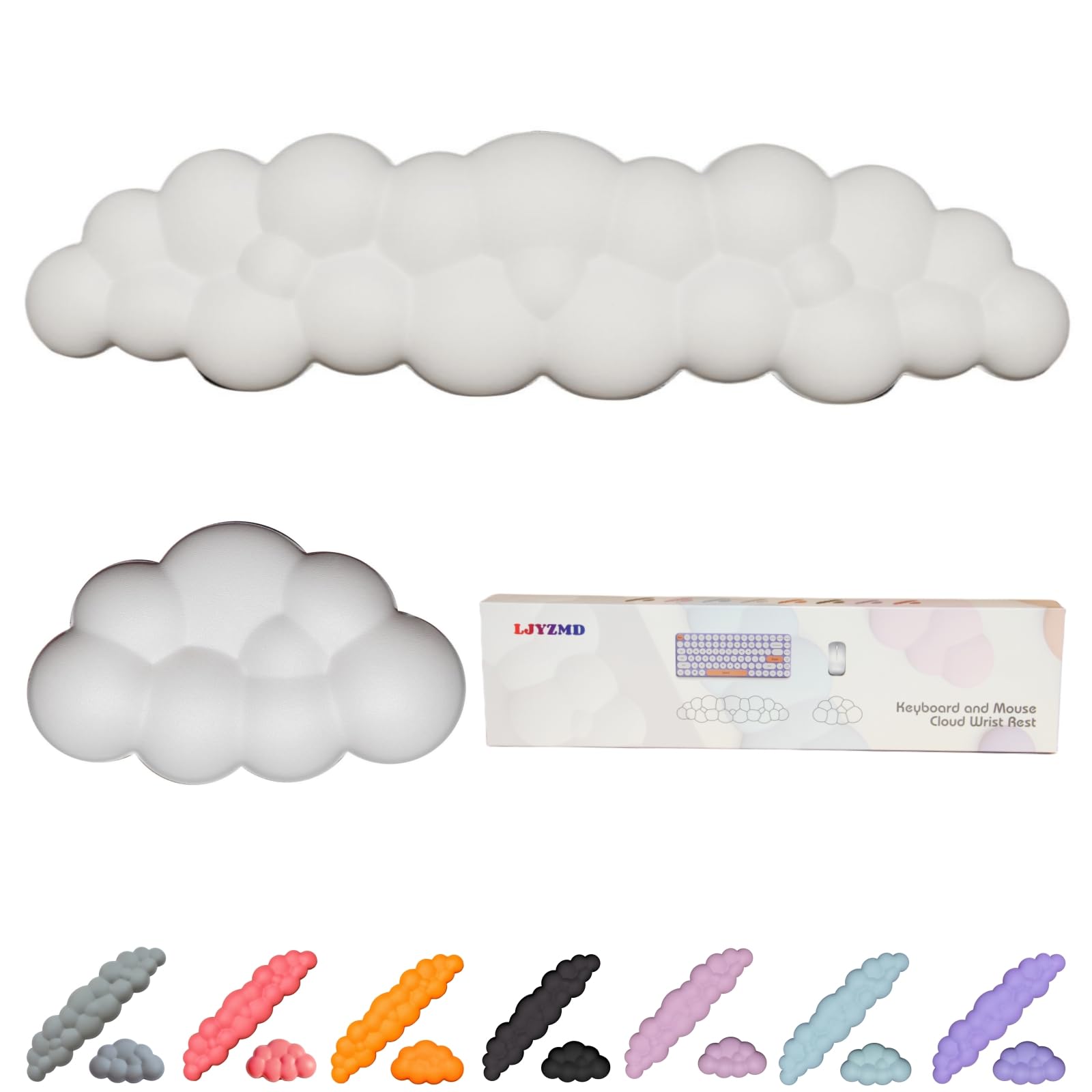 LJYZMD Cloud Shape Gel Memory Foam Set Keyboard Wrist Rest Pad, Mouse Wrist Cushion Support for Office, Computer, Laptop, Mac, Comfortable, Light Weight for Easy Typing Pain Relief (White Set)