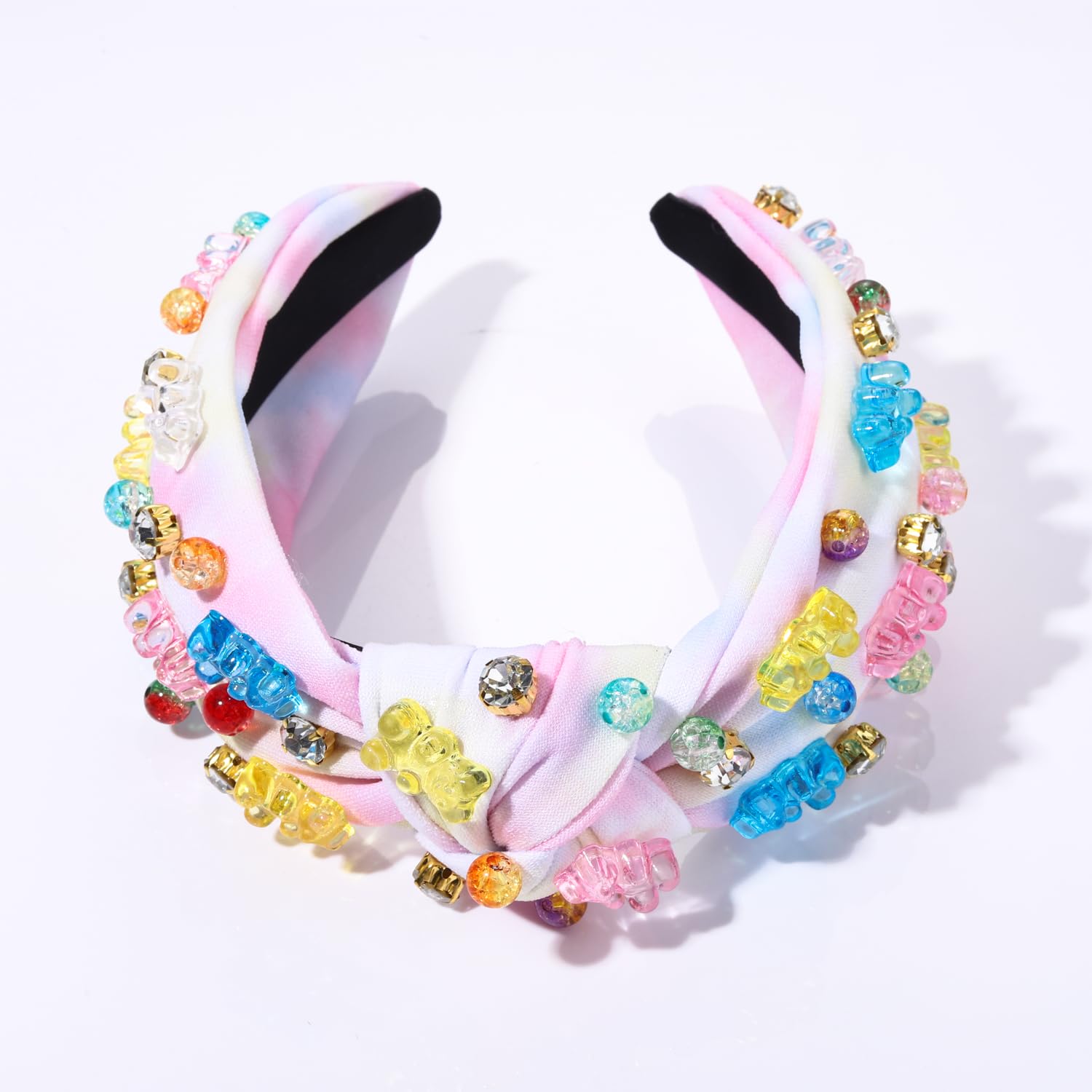 Gorgeous Bear Knotted Denim Rhinestone Headband DENIM EMBELLISHED KNOT HEADBAND – Natural stone pony bead  main image 4