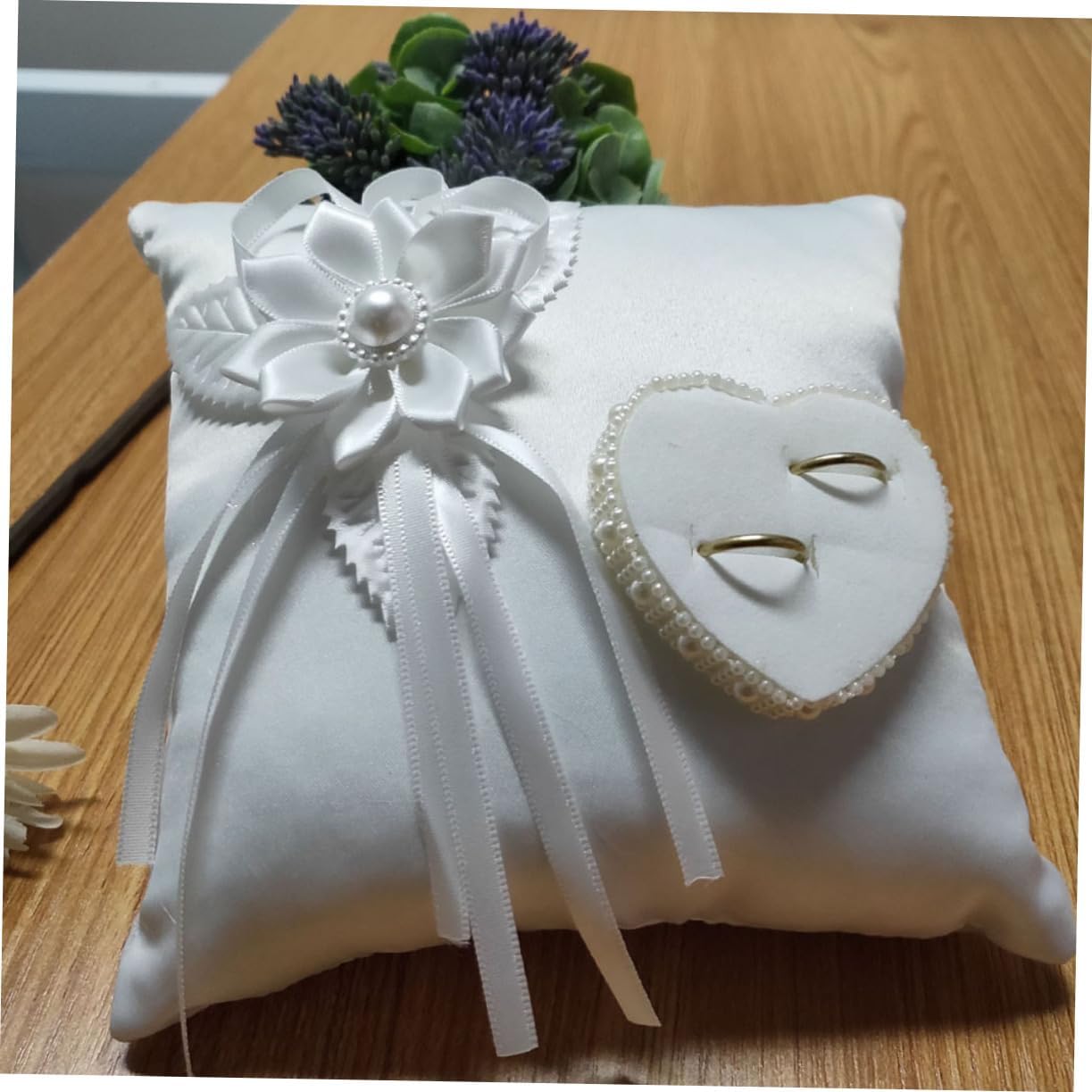 Wedding Ring Holder Cushion Flower Ring Decor Pillow Heart Shape for Ceremony