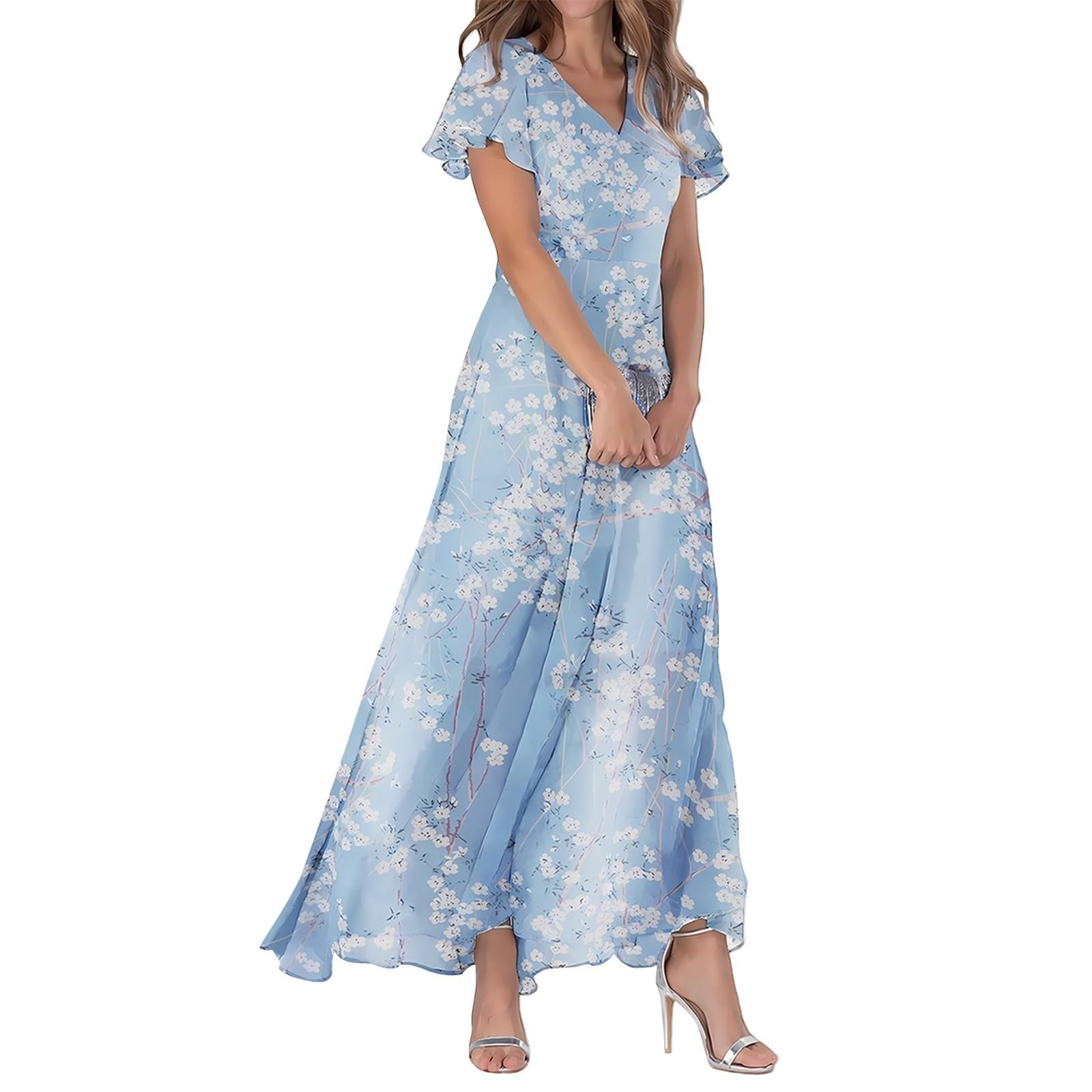 Générique Robe Longue Femme Cocktail Casual Soirée Fluide Élégante Chic Manches Courtes Col V Imprimé Floral Été Habillée Cérémonie Nouveauté Classique A70
