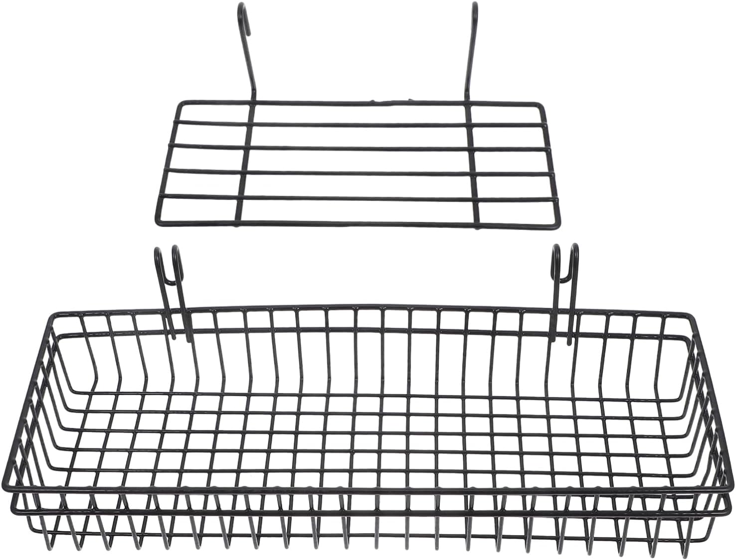 2Pcs Black Wire Grid Storage Baskets with Hooks Versatile Wall Organizer for Home Office Kitchen Bathroom Efficient Clutter Reduction