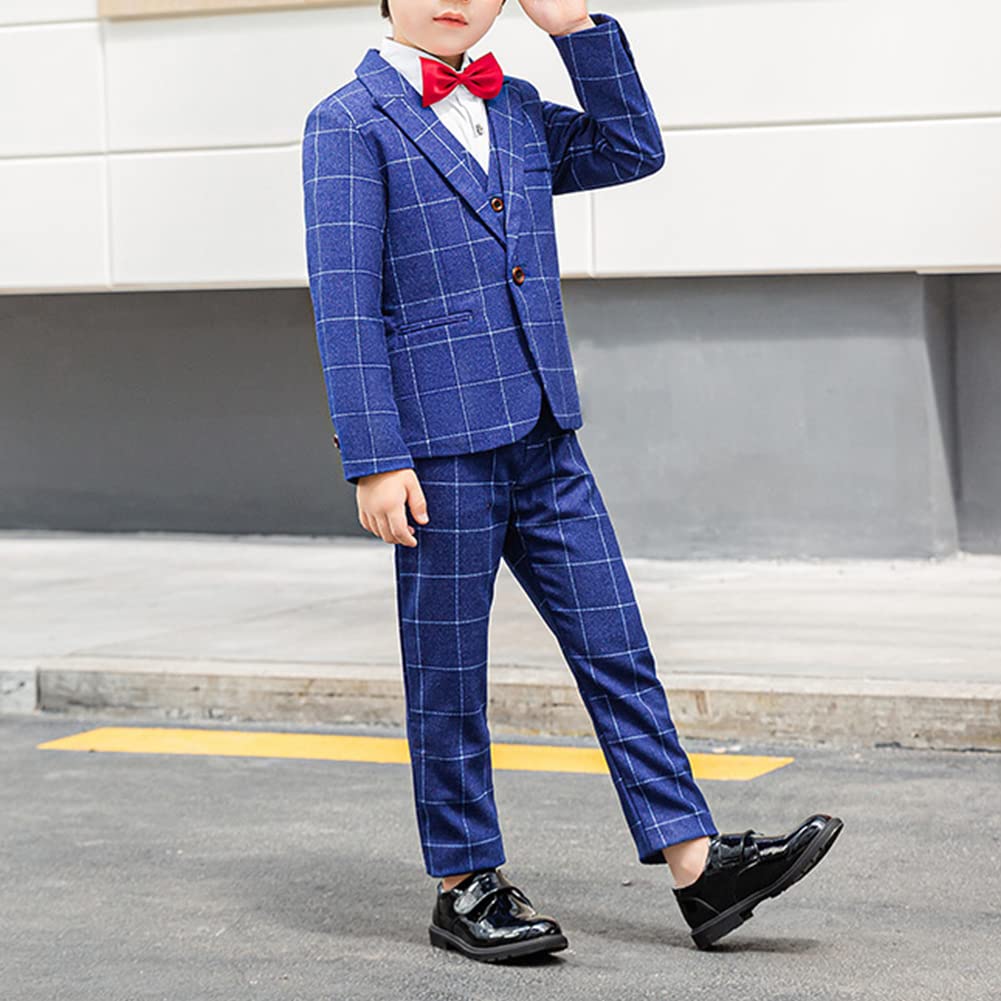 Traje de Boda para Niño,Trajes de Esmoquin de Caballeros para Fiesta Ceremonia Bautizo,Elegante Conjunto de 5 Piezas de Traje Formal a Cuadros Chaqueta+Chaleco+Camisa+Pajarita+Pantalones