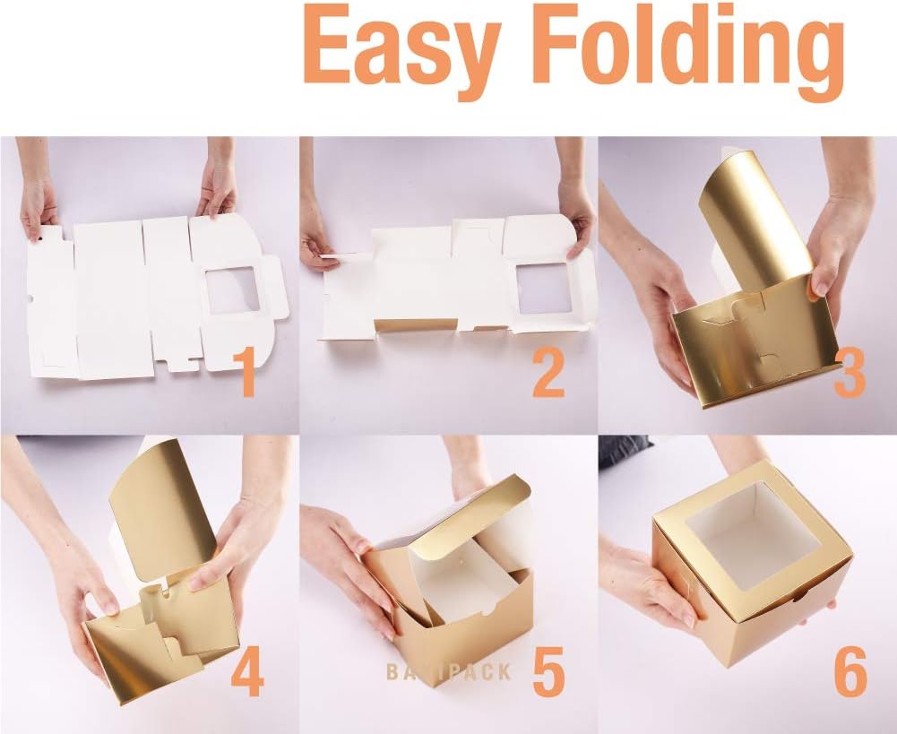 BAKIPACK 25 Gold Bakery Boxes with Window 5x5x3.5 Inches, Dessert Boxes to Go with Window, Treat Boxes for Small Bakery, Dessert, Candy, Cookies, Pastry, Party Favors, Wedding Cake