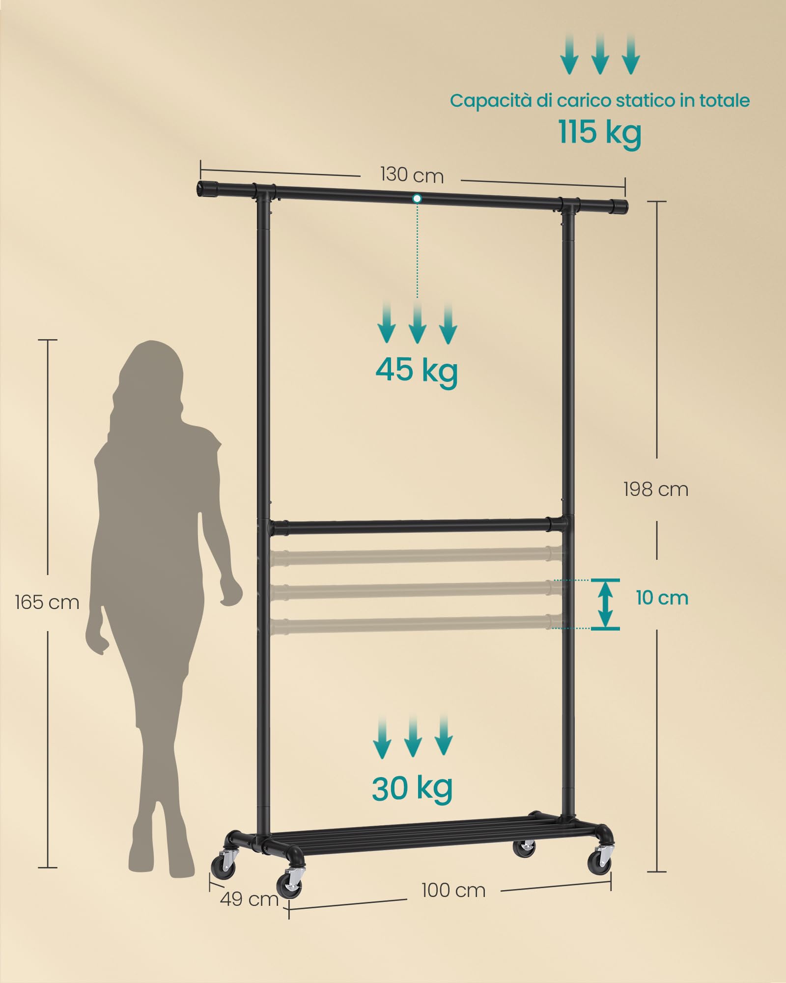 SONGMICS Stand Appendiabiti, Appendiabiti Doppio con Ruote, Barra Centrale Regolabile in Altezza, Attaccapanni con Ripiano, Massima Portata di 110 kg, Nero Classico HSR62BK