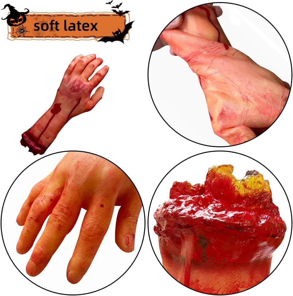 Medou 4 Pieces Fake Human Severed Hands Feet Set Scary Bloody Broken Body Parts Halloween Decorations for Haunted House Halloween Party Decorations Supplies (2 Pieces Feet & 2 Pieces Hands) (Large)