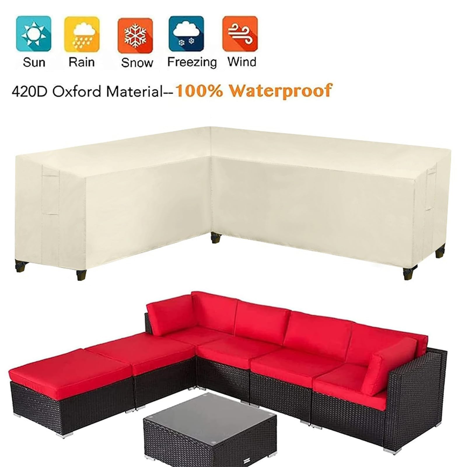 Gartenmöbel Abdeckung, L-Form Lounge Abdeckung Wasserdicht Rattan Sofa Abdeckung, Für Gartenmöbel Sitzgruppe Ecksofa Eck-Loungegruppe Abdeckplane (250x250x100cm,Beige)