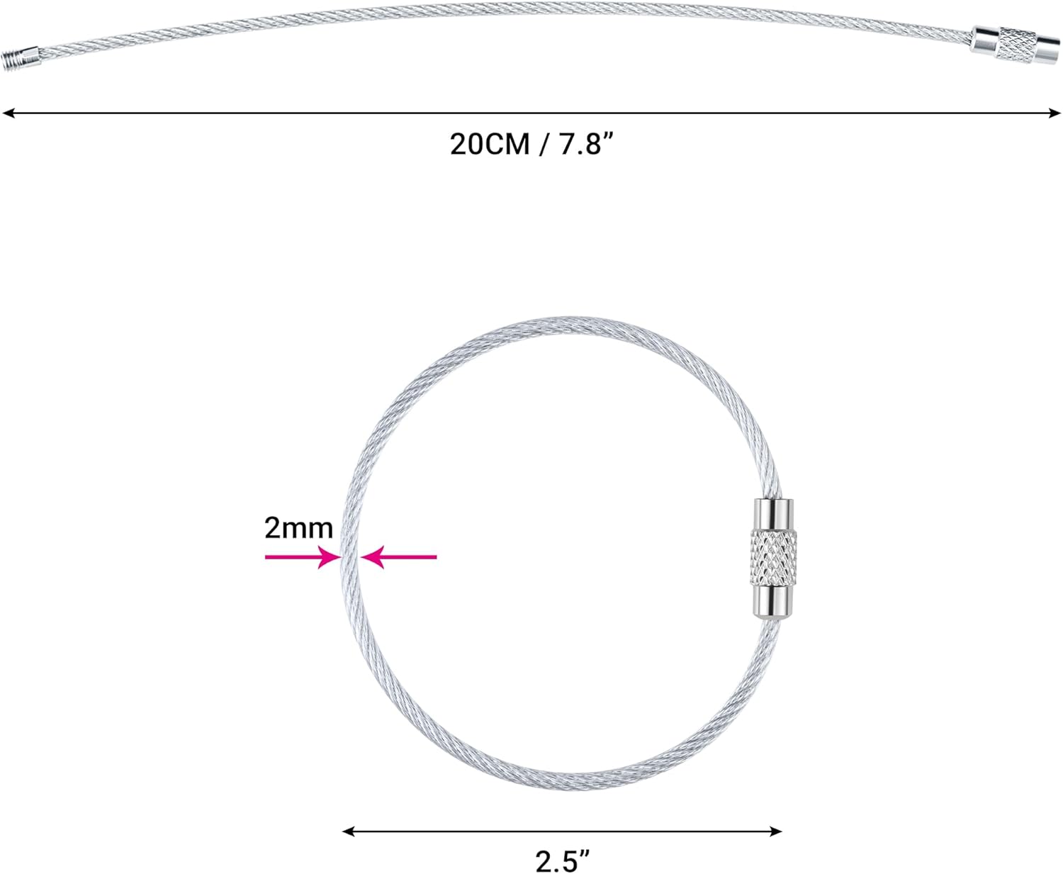 7.8 Inch Wire Keychain Cable,Large Nylon Coated Stainless Steel Key Ring Loop Holder,2mm Heavy Duty, 20PCS - Image 2
