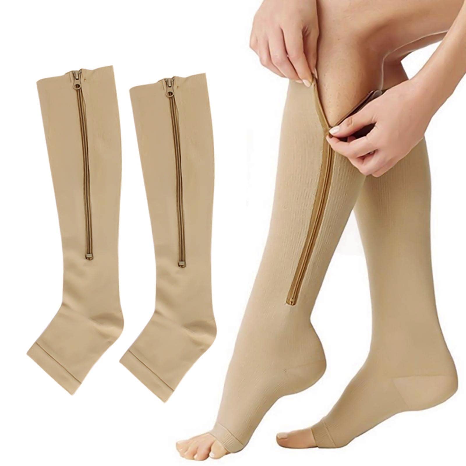 Extra Large 20-30 mmHg Compression Socks with Zipper, Knee High Open Toe Support Stockings Varicose Veins Hosiery for Edema, Swollen, Pregnancy, Recovery