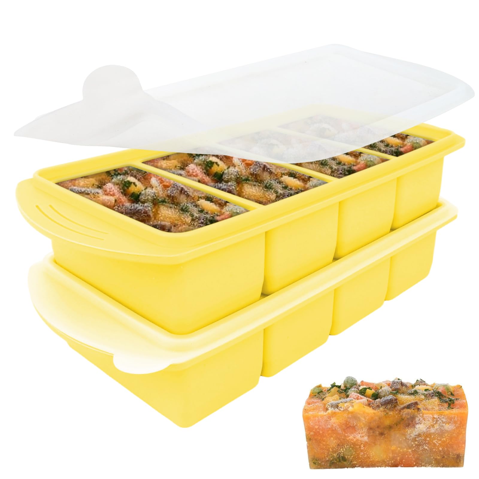 Jonuin 2 Pack Soup Cubes Silicone Freezer Tray, Soup Freezer Containers with Lid, Large 4-Compartment, Makes 8 1-Cup Portions Cubes, Silicone Freezer Moulds for Meal Prep, Soups, Sauce (Yellow)