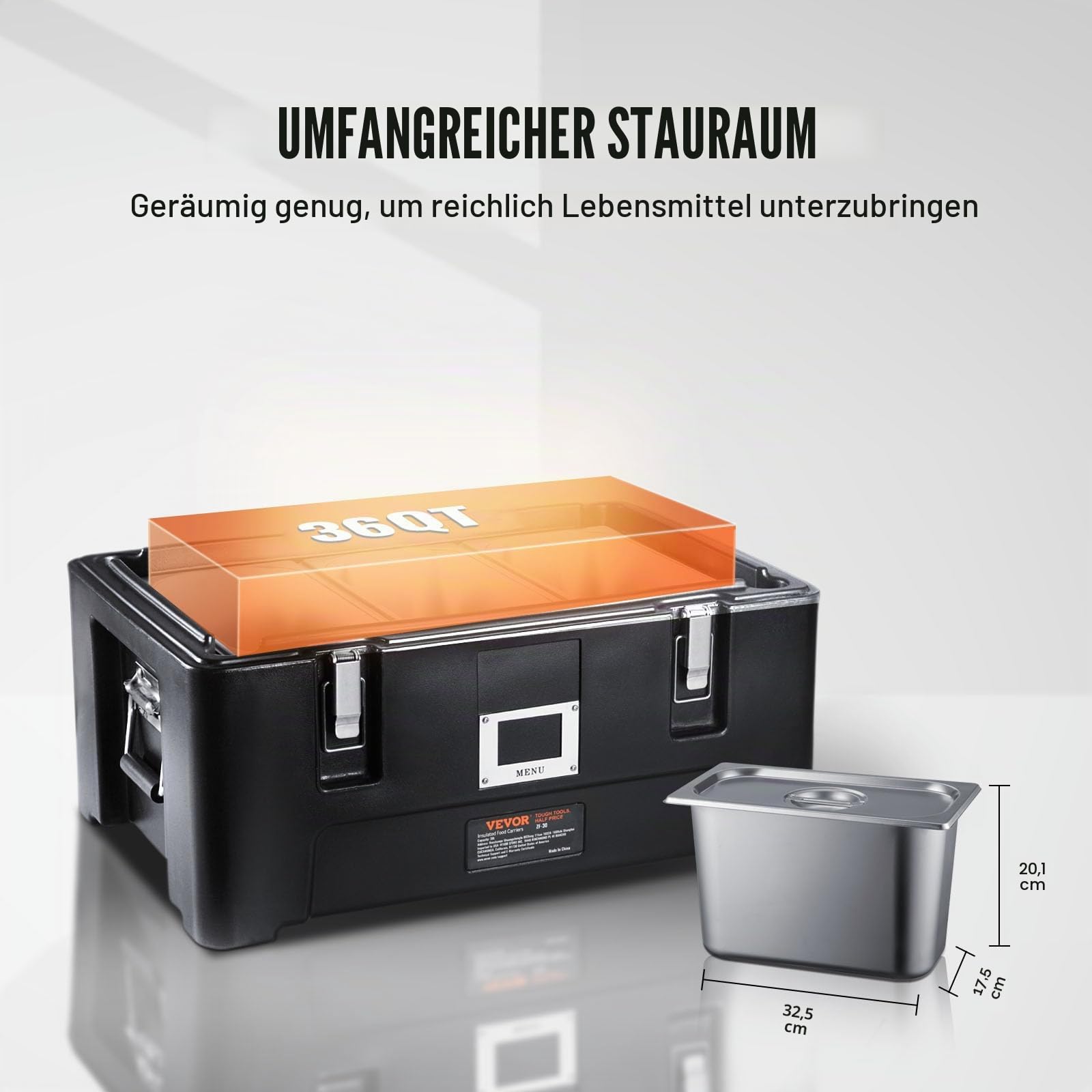 VEVOR Isolierter Thermobox Isolierbox Lebensmittelbehälterträger, 30 L für Catering, Tragbare LLDPE-Lebensmittelbehälterträger, Schwarz Frontlader-Speisewärmer für Restaurant, Kantine usw.