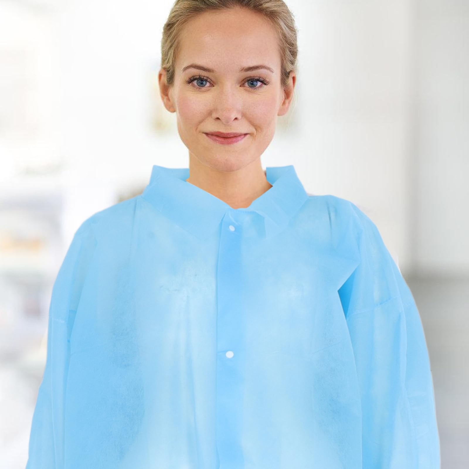 Blouses de Laboratoire Adaptées aux Environnements de Travail Professionnels Lot de 10 Jetables en Tissu Non Tissé Bleu Boutons, Confortables pour Port Prolongé