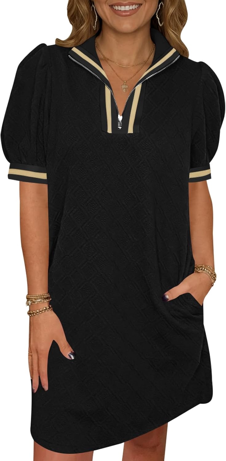 Fisoew Womens Summer Puff Short Sleeve Mini Dress Quarter Zip V Neck Casual Textured Loose Fit Active Sweatshirt Dresses