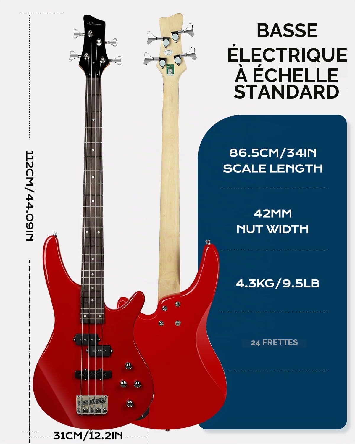 Guitare basse électrique 4 cordes en P pour débutant avec sac de transport, sangle de guitare et câble de guitare (Red)