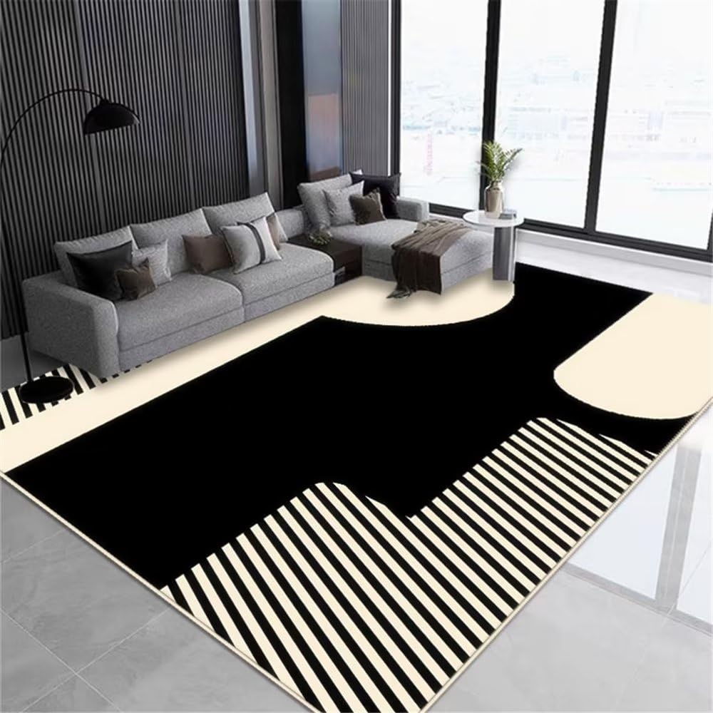 Tapis salon noir à rayures fines résistant pour chambre enfant et ado