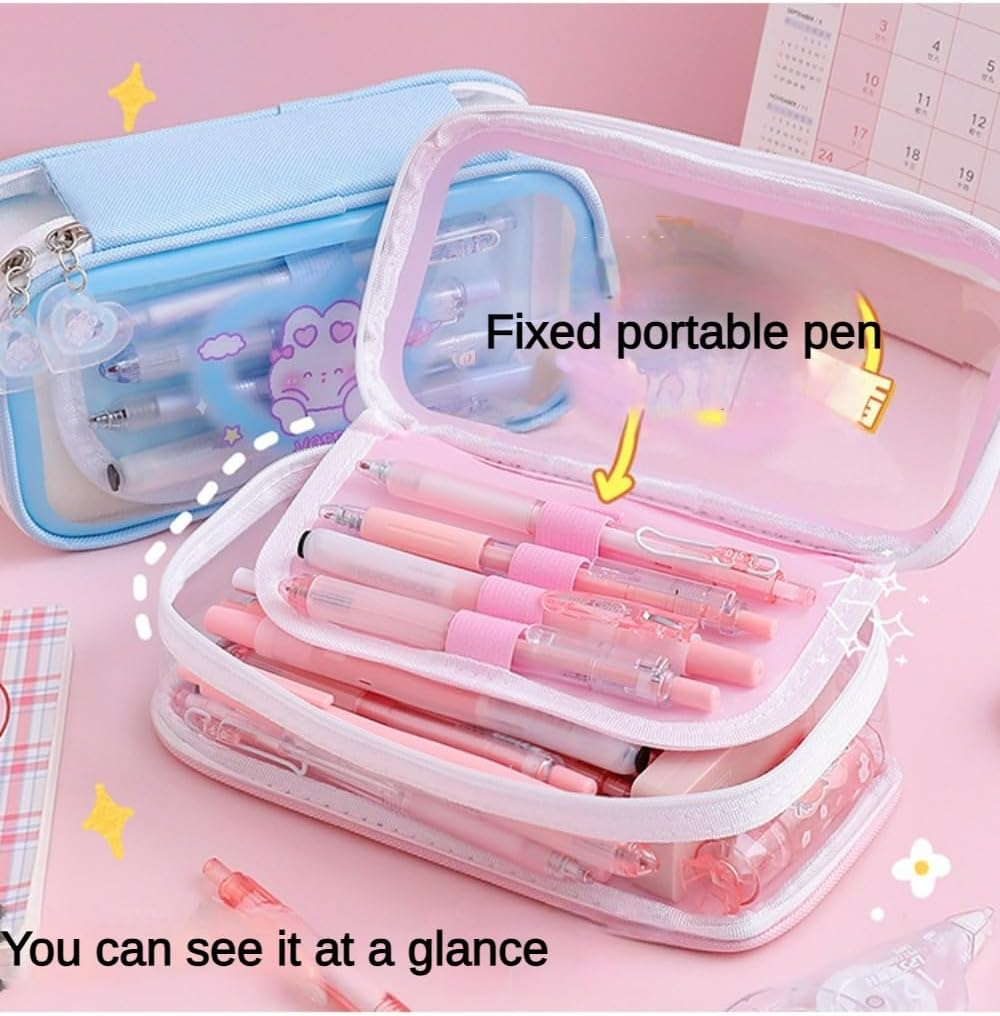 Cute Pencil Case Multilayer Large Capacity Pen Bag Rabbit Kawaii Pen Case Pencil Pouch Gift (Blue)