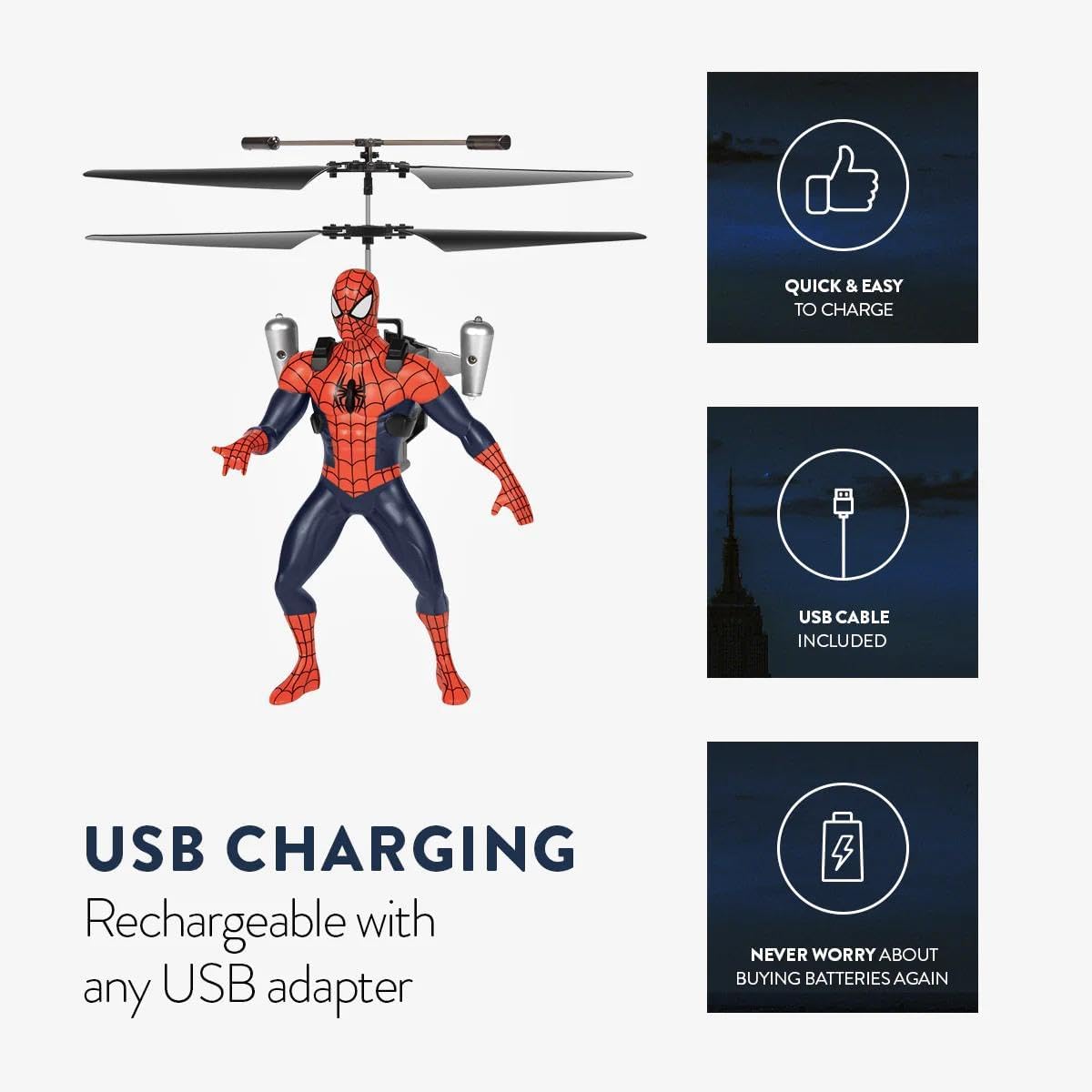 World Tech Toys Marvel Spider-Man IR RC Flying Figure – Jetpack Helicopter with LED Lights & Action Phrases, Twin Rotors - Spiderman Toys for Ages 8+