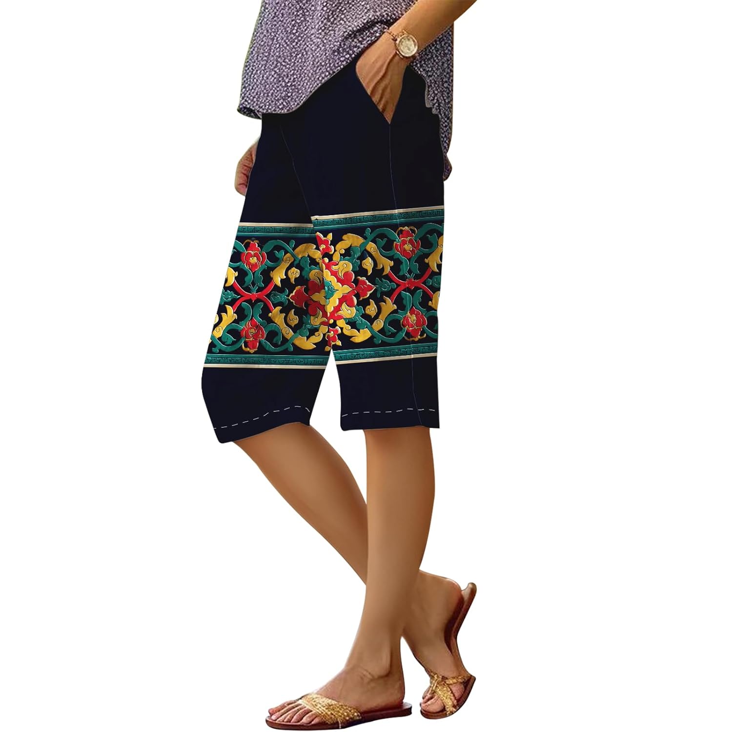 Womens Summer Casual Beach Bermuda Shorts Boho Striped Pant Loose Knee Length Wide Leg Athletic Pants with Pockets