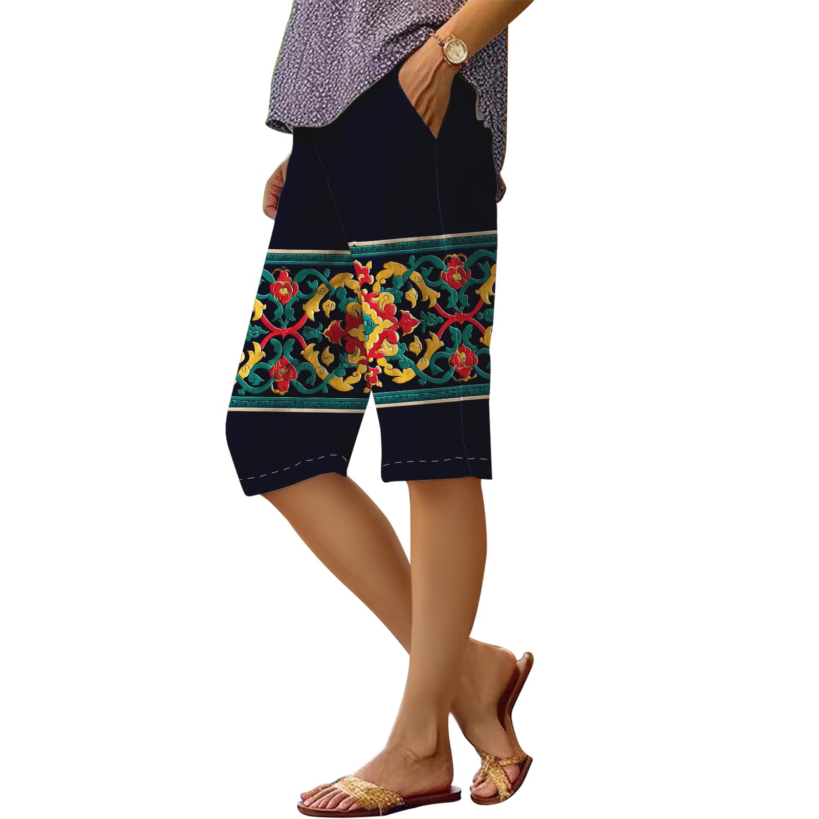 Womens Summer Casual Beach Bermuda Shorts Boho Striped Pant Loose Knee Length Wide Leg Athletic Pants with Pockets