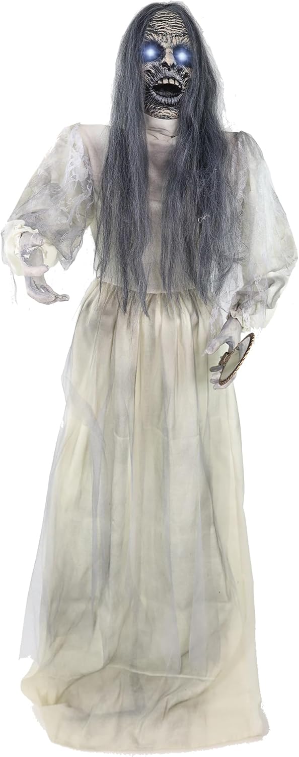 Haunted Hill Farm Lifesize Scary Haunted Woman Halloween Prop with Touch Activated Lights and Sound, Battery-Operated Indoor or Covered Outdoor Halloween Decoration 63'' Standing Creepy Woman With Mirror